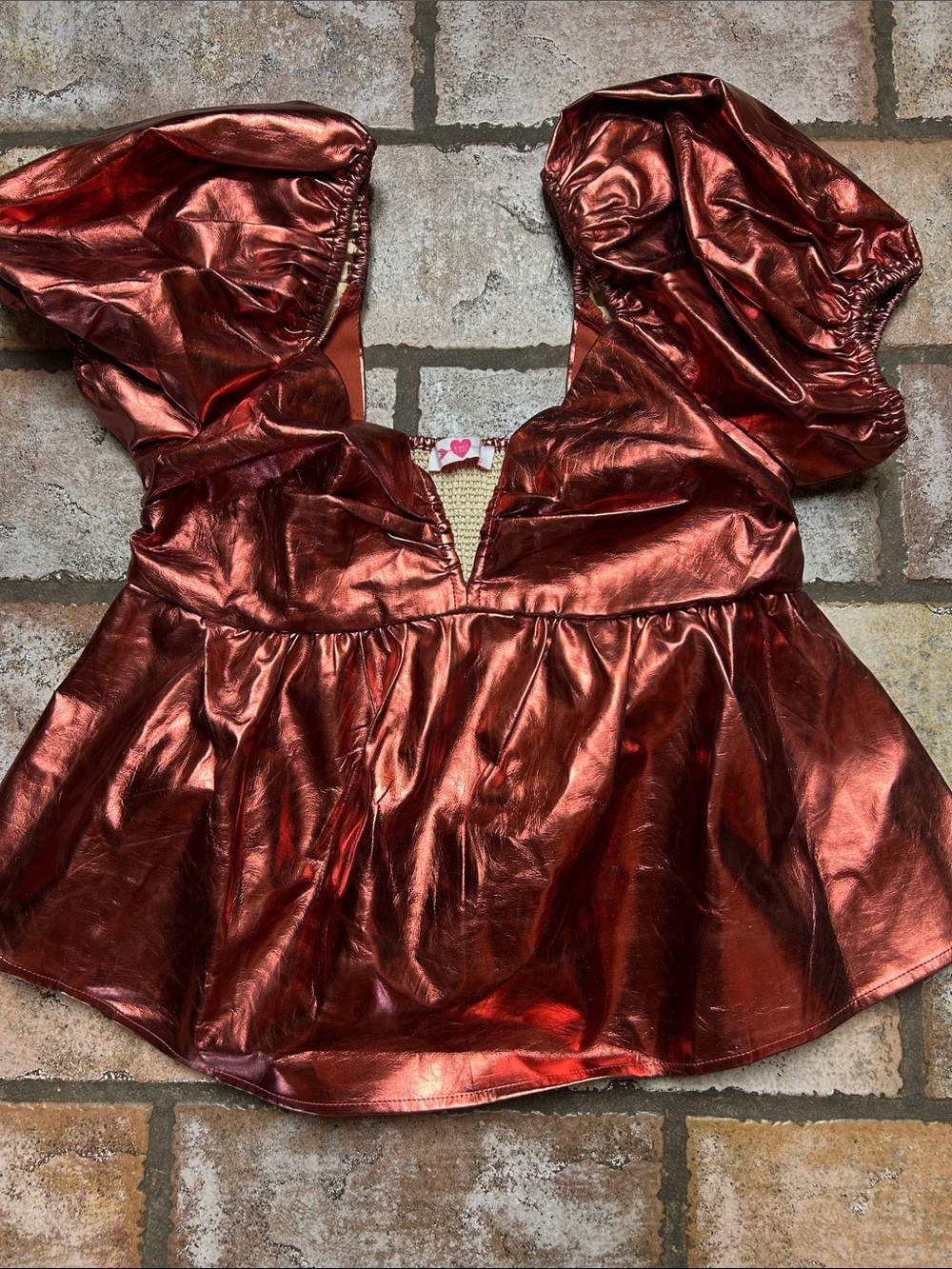 Buddy Love Metallic Copper Red Puff-Sleeve Peplum Crop Top